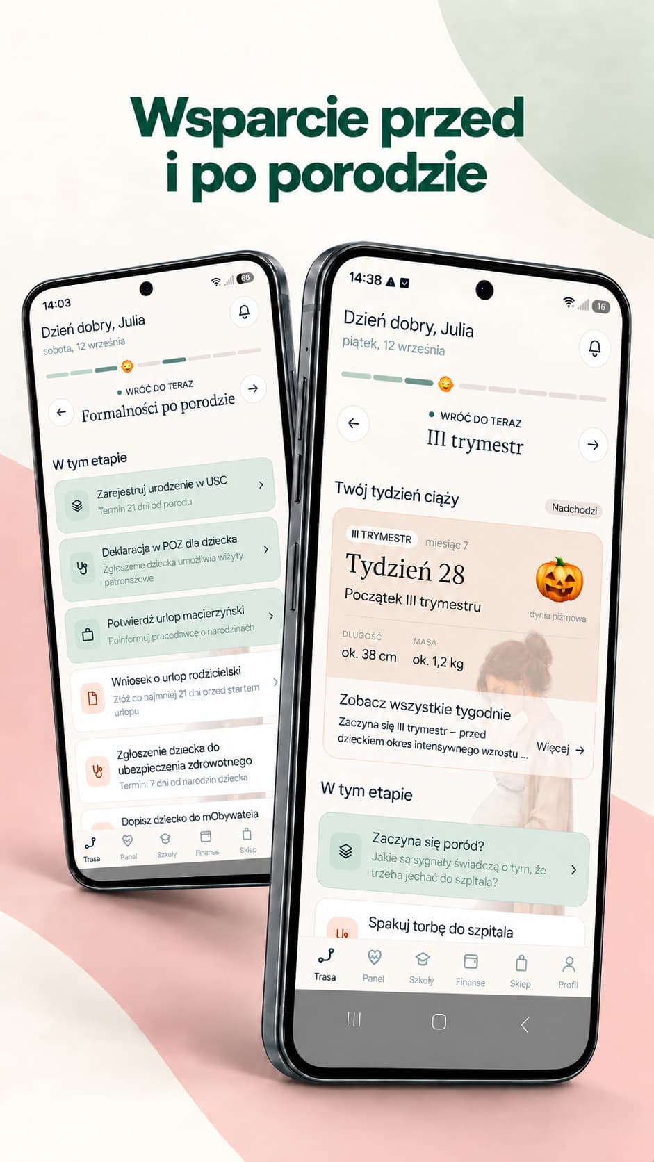 Ekrany aplikacji Kidelo Ciąża — formalności po porodzie i oś zadań