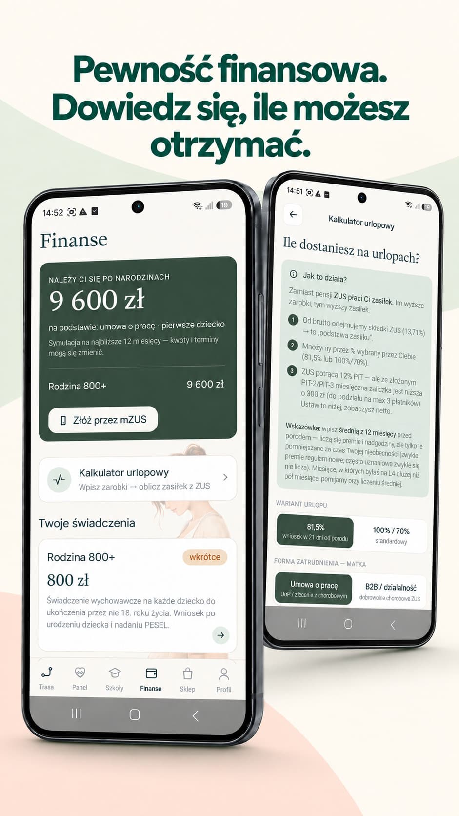 Ekrany aplikacji Kidelo Ciąża — finanse i kalkulator urlopowy
